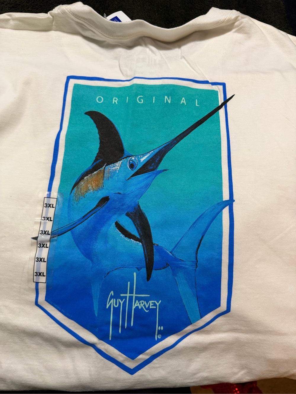 Guy Harvey White Tee with Blue and Teal Marlin Graphic